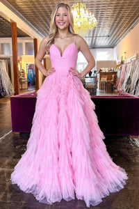 Pink V-Neck Empire Waist Tiered Long Prom Dress with Ruffles
