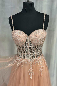 Princess Peach Tulle Rhinestones Corset A-Line Prom Gown