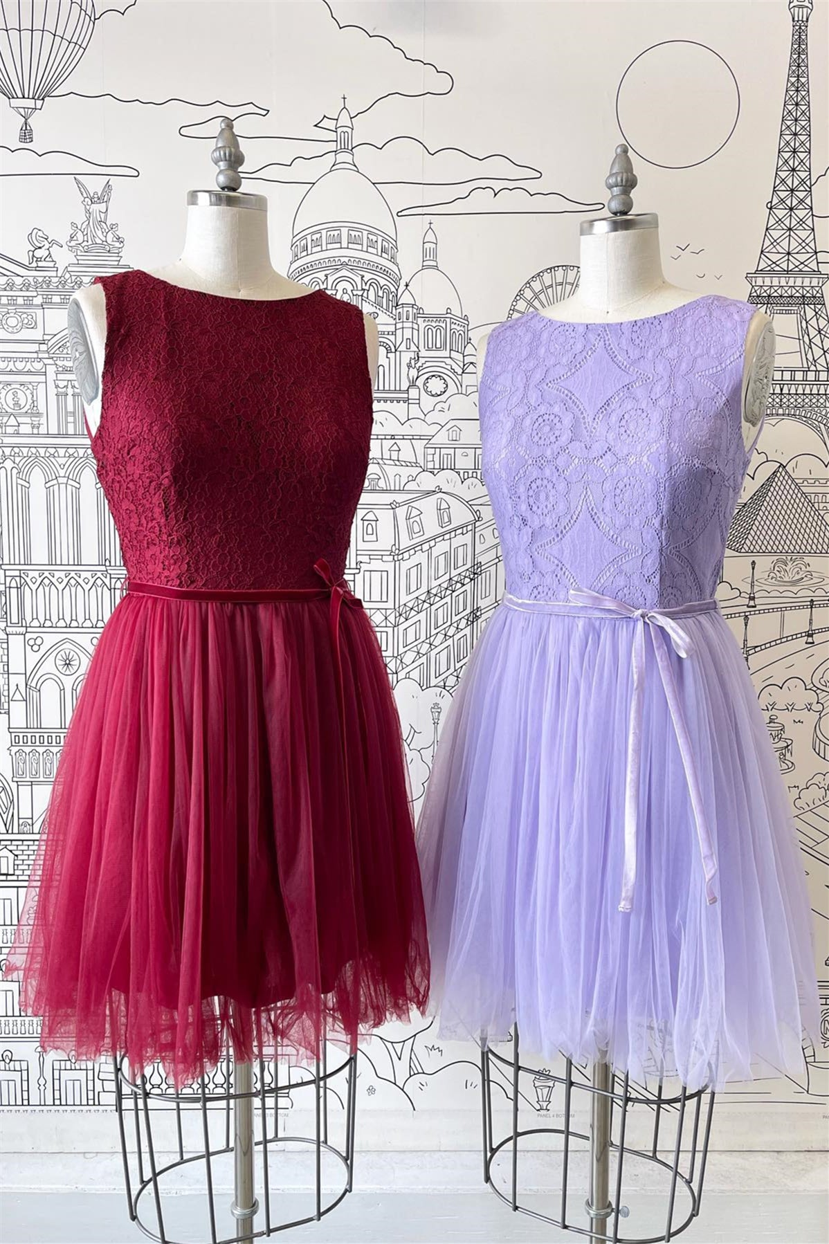 Malberry & Lilac A-line Scoop Neck Tulle Lace Mini Bridesmaid Dress with Sash