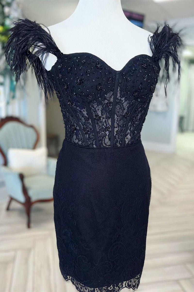 Black Lace Feather Sweetheart Short Party Dress