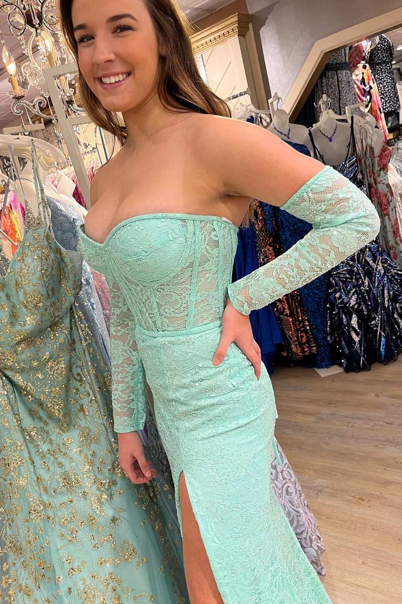Mint Green Lace Strapless Mermaid  Long Prom Dress with Slit