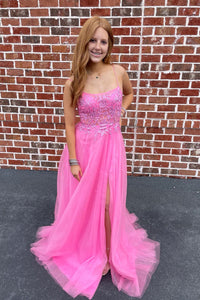 Pink Scoop Neck Appliques Lace-Up Back Tulle Long Prom Dress with Slit
