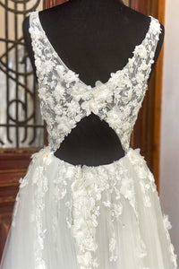 White Floral Lace Backless A-Line Wedding Dress with Slit