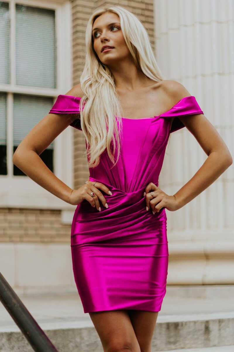 Magenta Strapless Ruched Mini Cocktail Dress