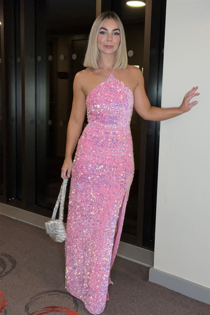 Pink Halter Sequins Straps Mermaid Long Prom Dress with Slit