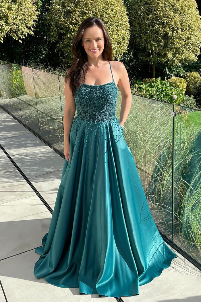 Green A-line Beaded Lace-Up Back Satin Long Prom Dress