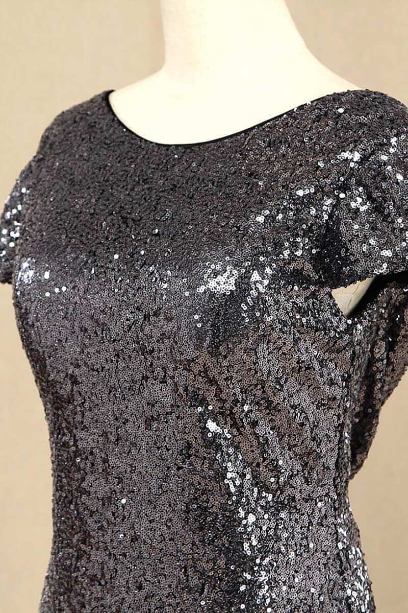 Black Sequin Cap Sleeve Backless Long Bridesmaid Dress