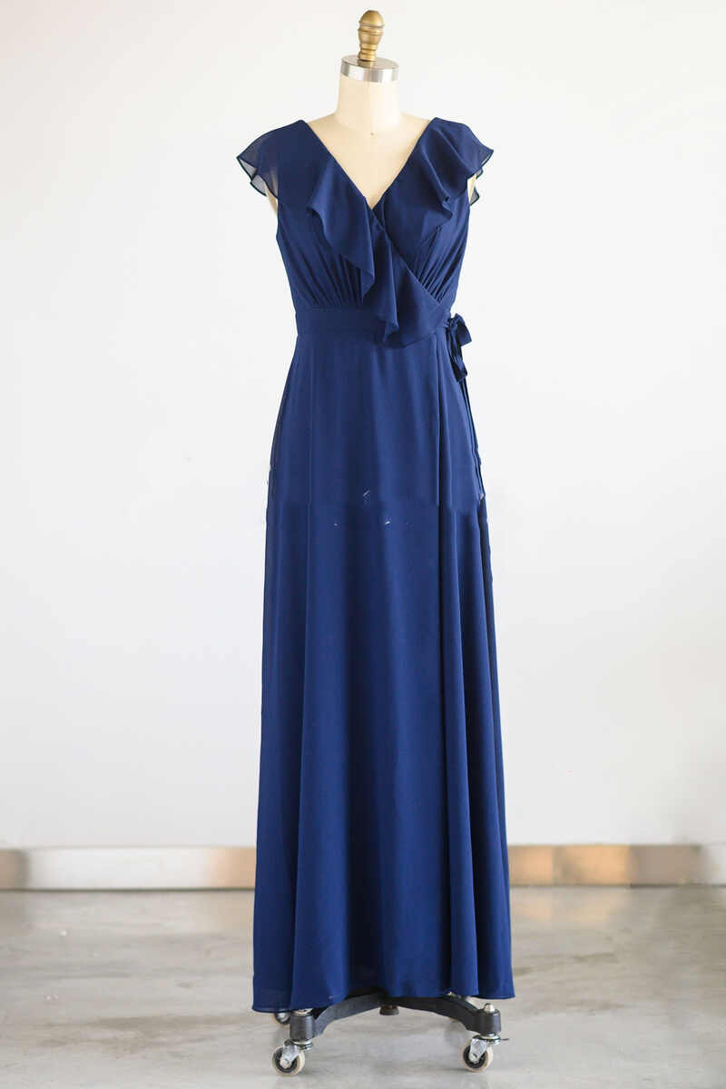 Navy Blue Ruffled Tie-Side Long Bridesmaid Dress