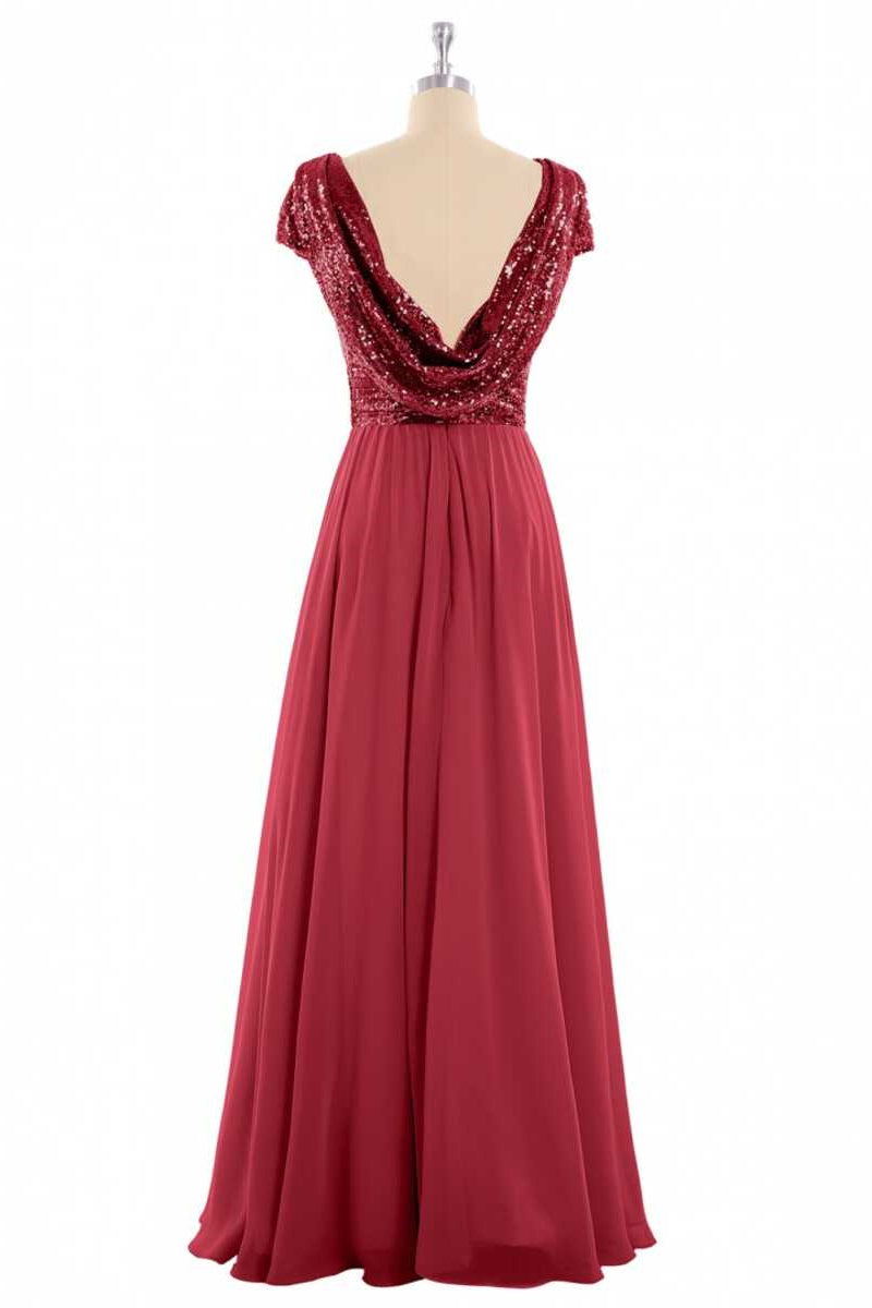 Burgundy Sequin Cap Sleeve Backless A-Line Bridesmaid Dress
