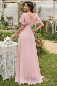 Pink V-Neck Ruffled A-Line Long Bridesmaid Dress