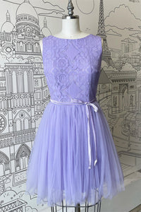 Lilac A-line Scoop Neck Tulle Lace Mini Bridesmaid Dress with Sash