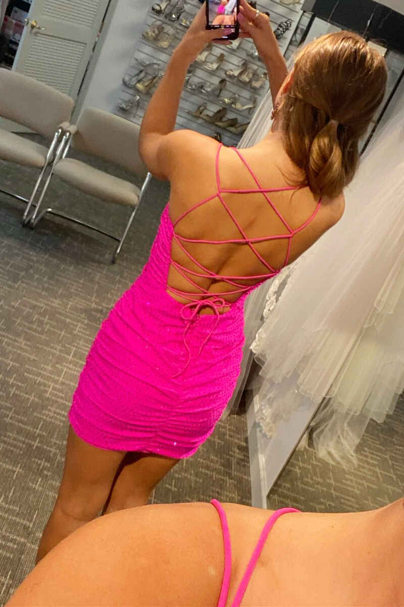 Neon Pink Beaded Spaghetti Straps Lace-Up Mini Formal Dress