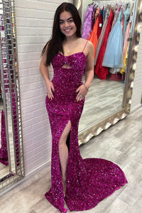 Fuchsia Sequin Keyhole Mermaid Long Prom Dress with Slit