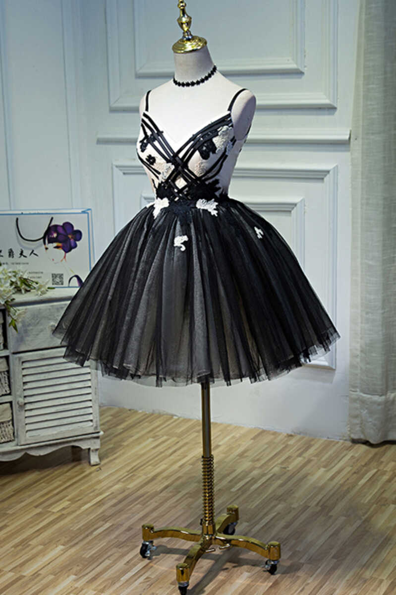 A-Line Flower Black Lace-Up Short Homecoming Dress