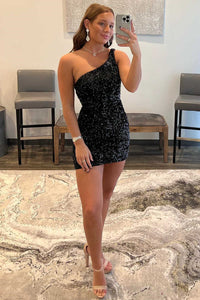 One-Shoulder Black Sequins Mini Homecoming Dress