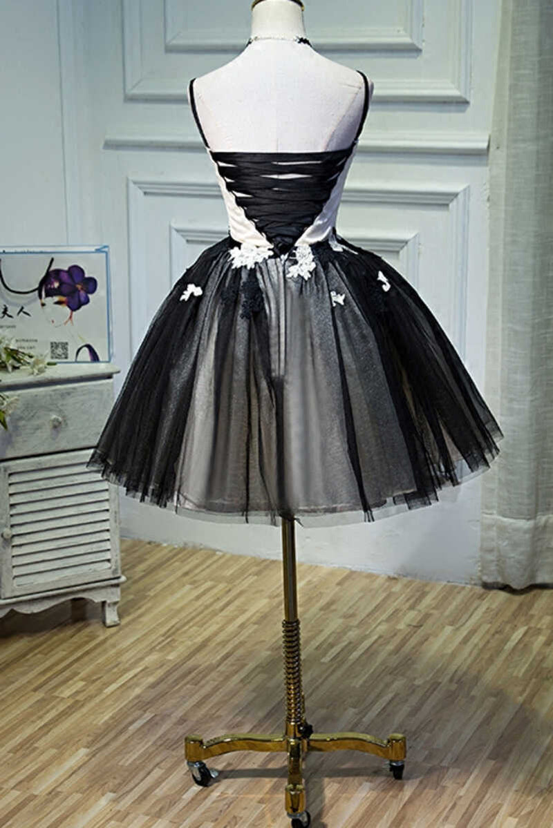 A-Line Flower Black Lace-Up Short Homecoming Dress