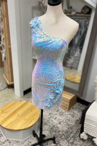 Light Blue Sequin One-Shoulder Flowers Short Party Dress