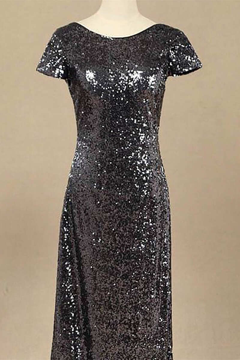 Cap Sleeves Open Back Sequin Sheath Long Bridesmaid Dresses Cap Sleeves Open Back Sequin Sheath Long Bridesmaid Dresses