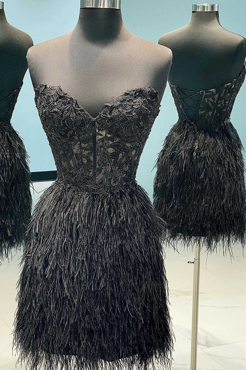 Black Appliques Strapless Feathered Cocktail Dress