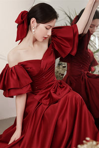 A-Line Burgundy Off-the-Shoulder Bow Prom Gown