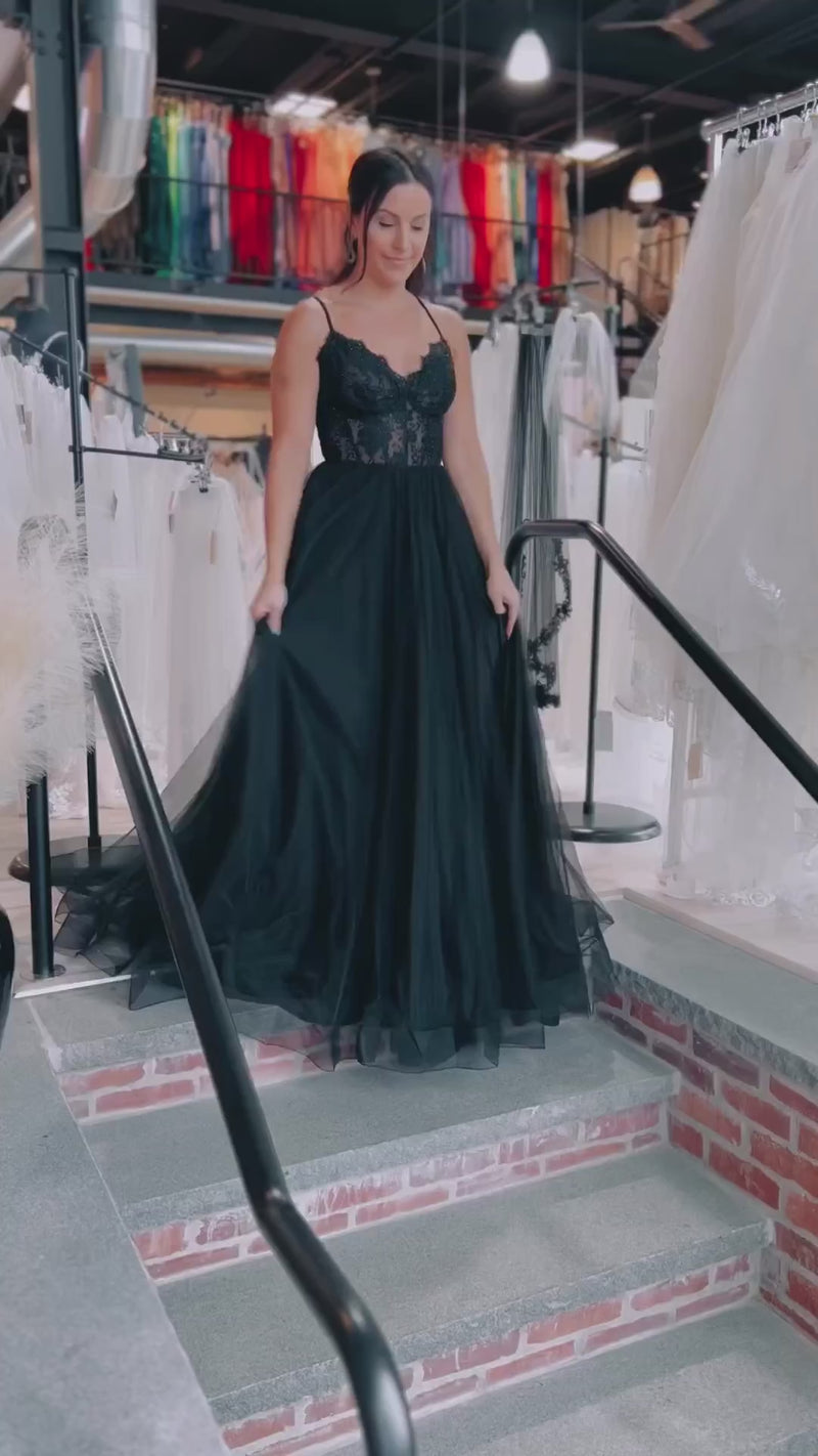 Black Tulle Lace Lace-Up Back A-Line Prom Dress with Slit