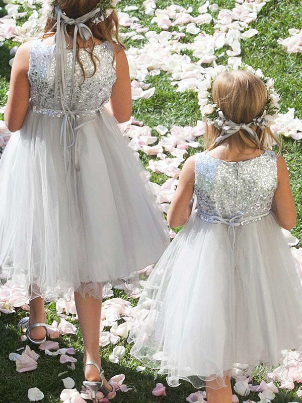 Princess Silver Sequins and Tulle Flower Girl Dress