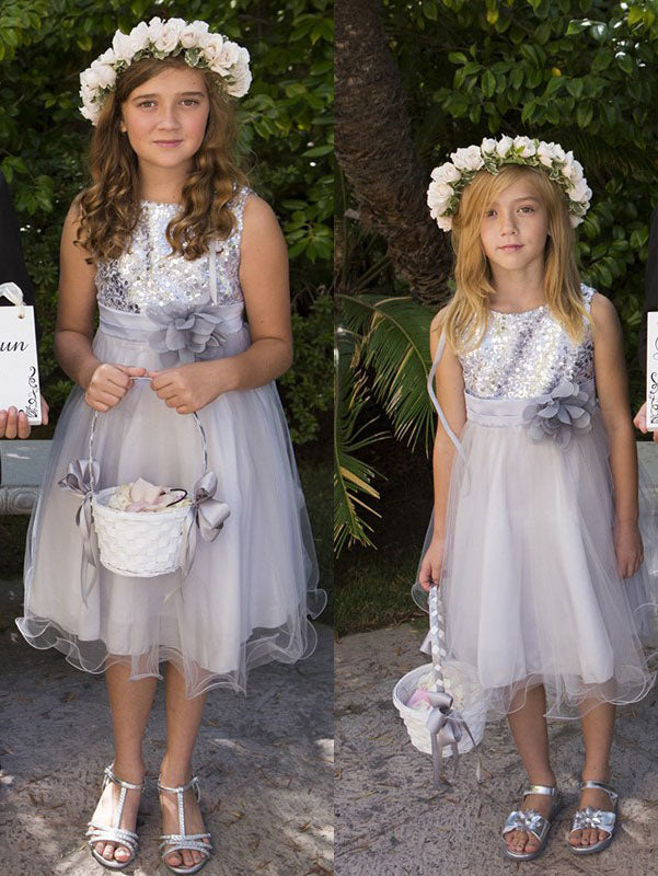 Princess Silver Sequins and Tulle Flower Girl Dress