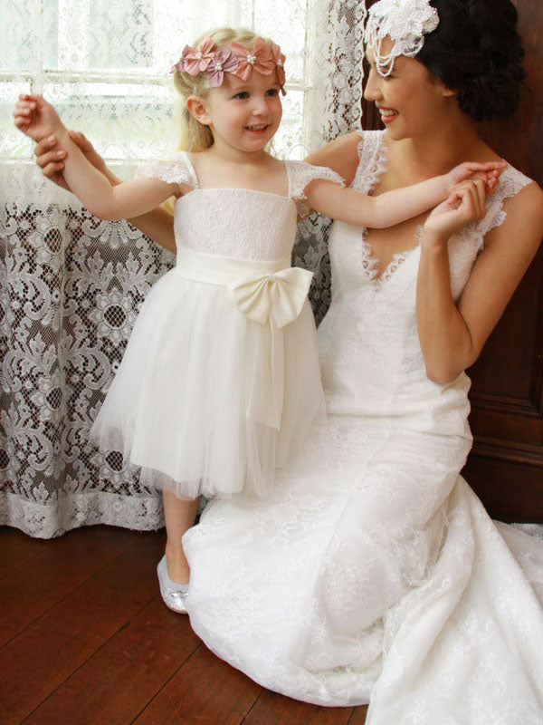 Cute A-Line Cap Sleeves Ivory Flower Girl Dress with Ribbon