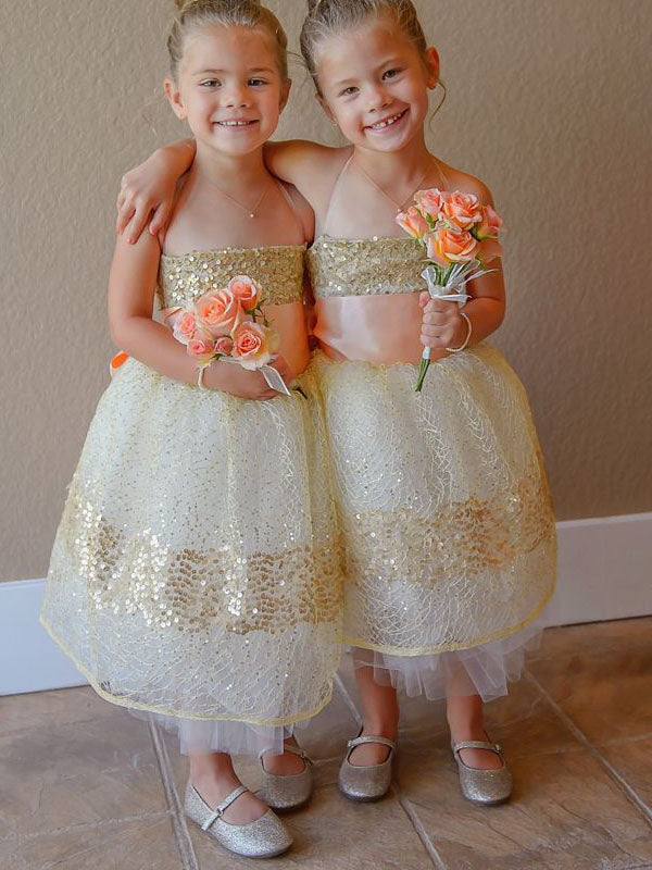 Gold Sequins Halter Flower Girl Dress with Sash