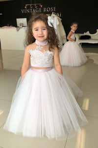 Two Piece High Neck Pink and White Flower Girl Dress