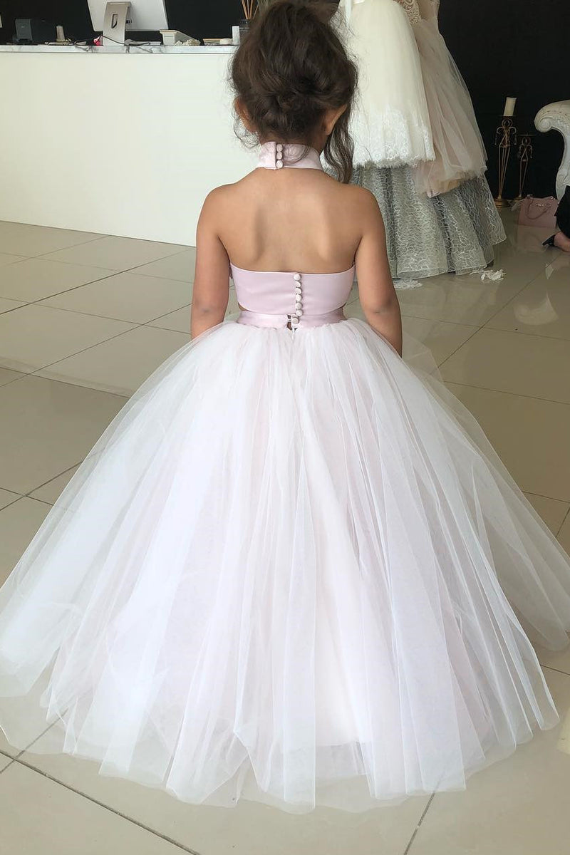 Two Piece High Neck Pink and White Flower Girl Dress – Dreamdressy