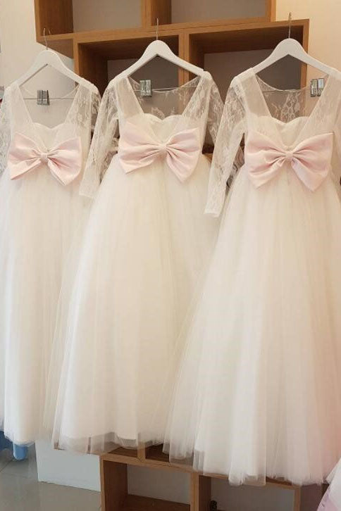 Long Sleeves White Flower Girl Dress with Pink Bow Knot