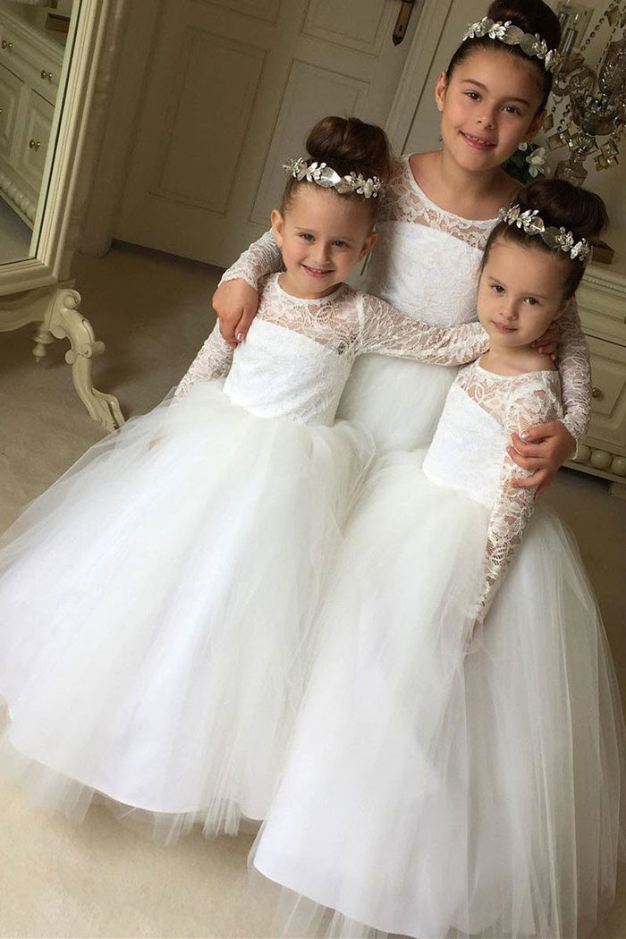 Princess Long Sleeves White Long Flower Girl Dress