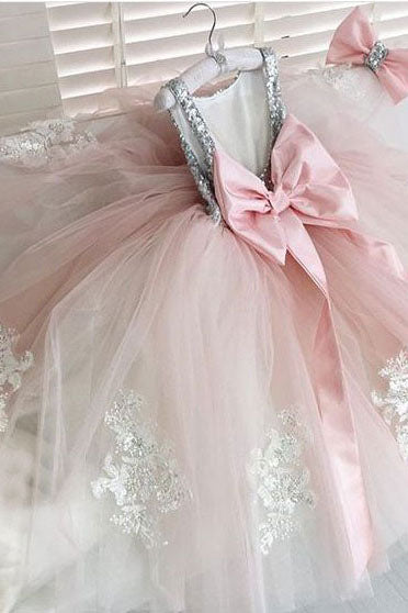 Cute Silver Sequins Pink Flower Girl Dress with Bow Knot