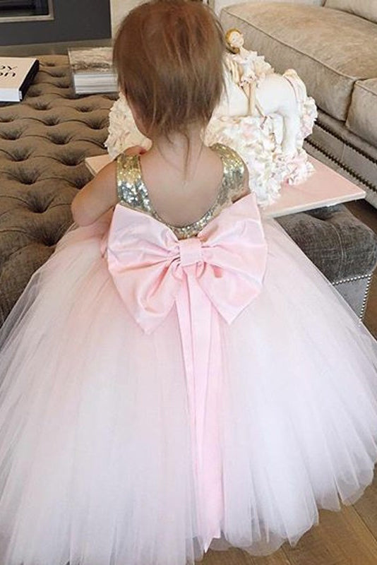Cute Gold Sequins and Pink Tulle Flower Girl Dress with Bow