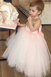 Cute Gold Sequins and Pink Tulle Flower Girl Dress with Bow