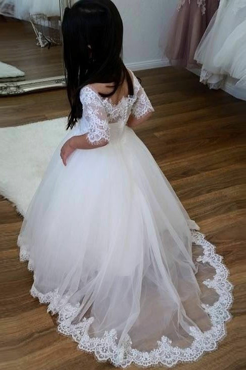 Princess Half Sleeves White Flower Girl Dress