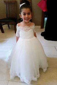 Princess Half Sleeves White Flower Girl Dress