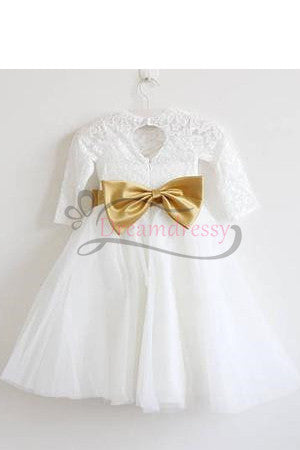 Long Sleeves White Toddler Flower Girl Dress with Gold Sash