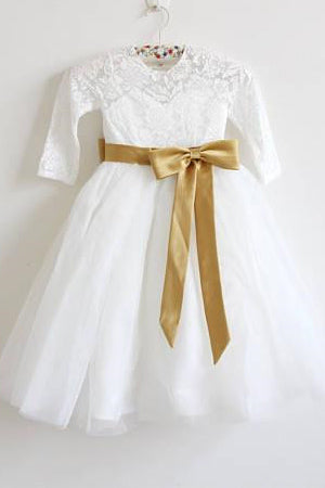 Long Sleeves White Toddler Flower Girl Dress with Gold Sash