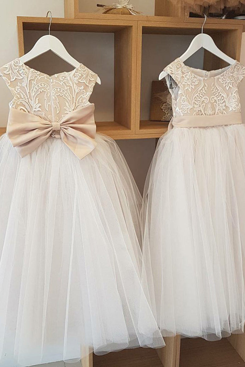 A-Line Champagne and Ivory Long Flower Girl Dress with Bow