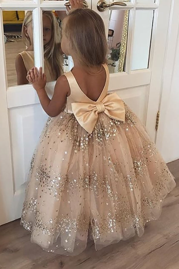 Ball Gown Champagne Sequins Bow Flower Girl Dress