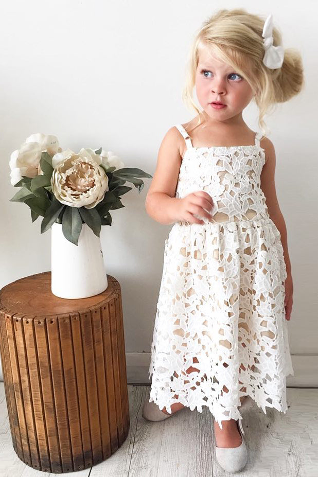 Spaghetti Straps White Lace Flower Girl Dress