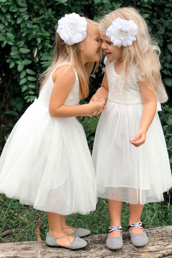 Princess White Tea Length Flower Girl Dress