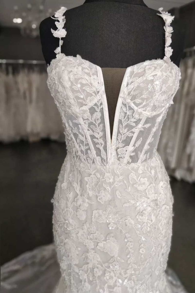 Mermaid White Floral Lace Sweetheart Long Wedding Dress