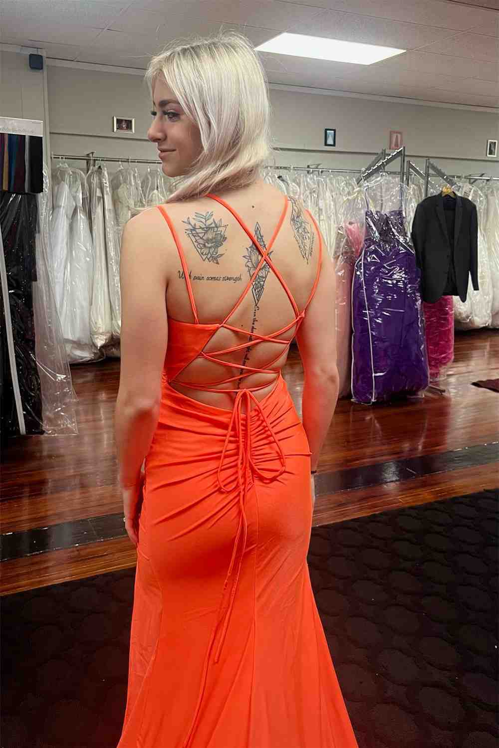 Orange Mermaid Lace-Up Back Satin Sweeping Long Prom Dress with Slit
