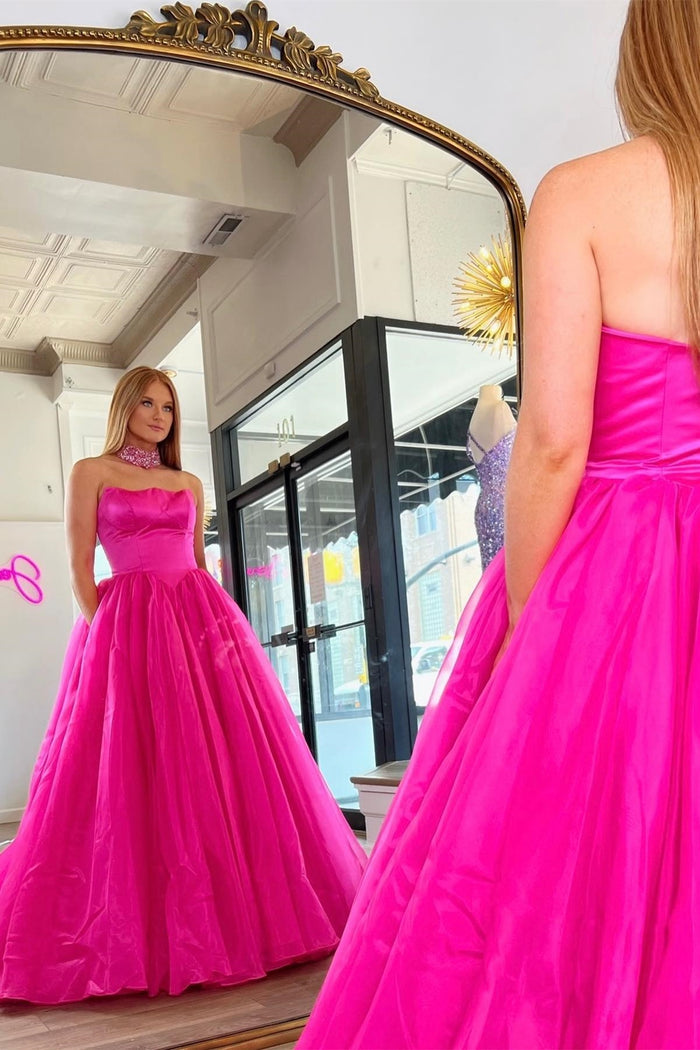 Hot Pink Strapless Ball Gown with Pockets