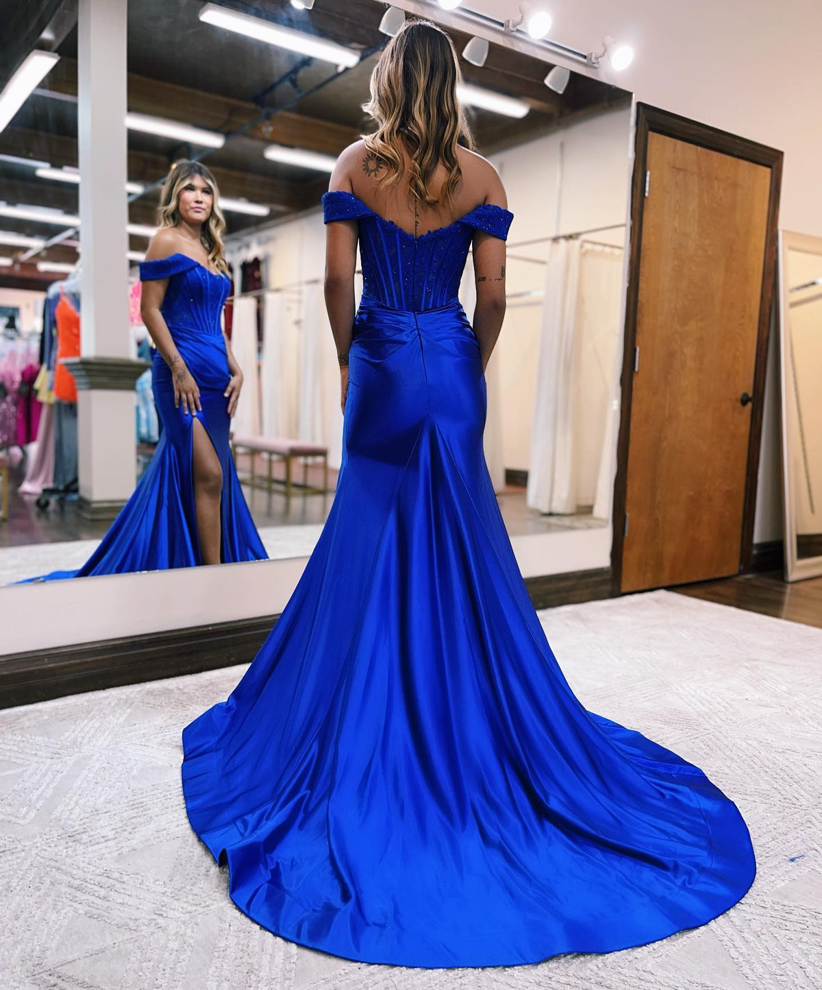 Off-the-Shoulder Satin Lace Mermaid Long Prom Gown