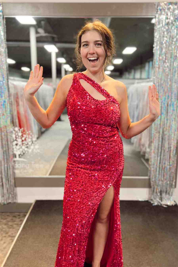 Red Mermaid One Shoulder Cut-Out Sequins Long Prom Dress with Slit