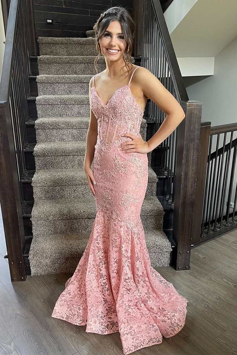 Pink Floral Lace V-Neck Trumpet Long Prom Dress – Dreamdressy